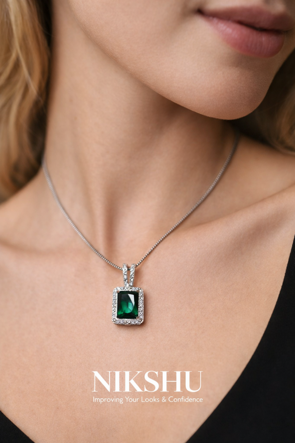 Nikshu Emerald Green Rectangular Baguette Pendant for Women
