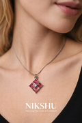 Nikshu Pink Quartz Geometric Grid Cross Pendant for Women