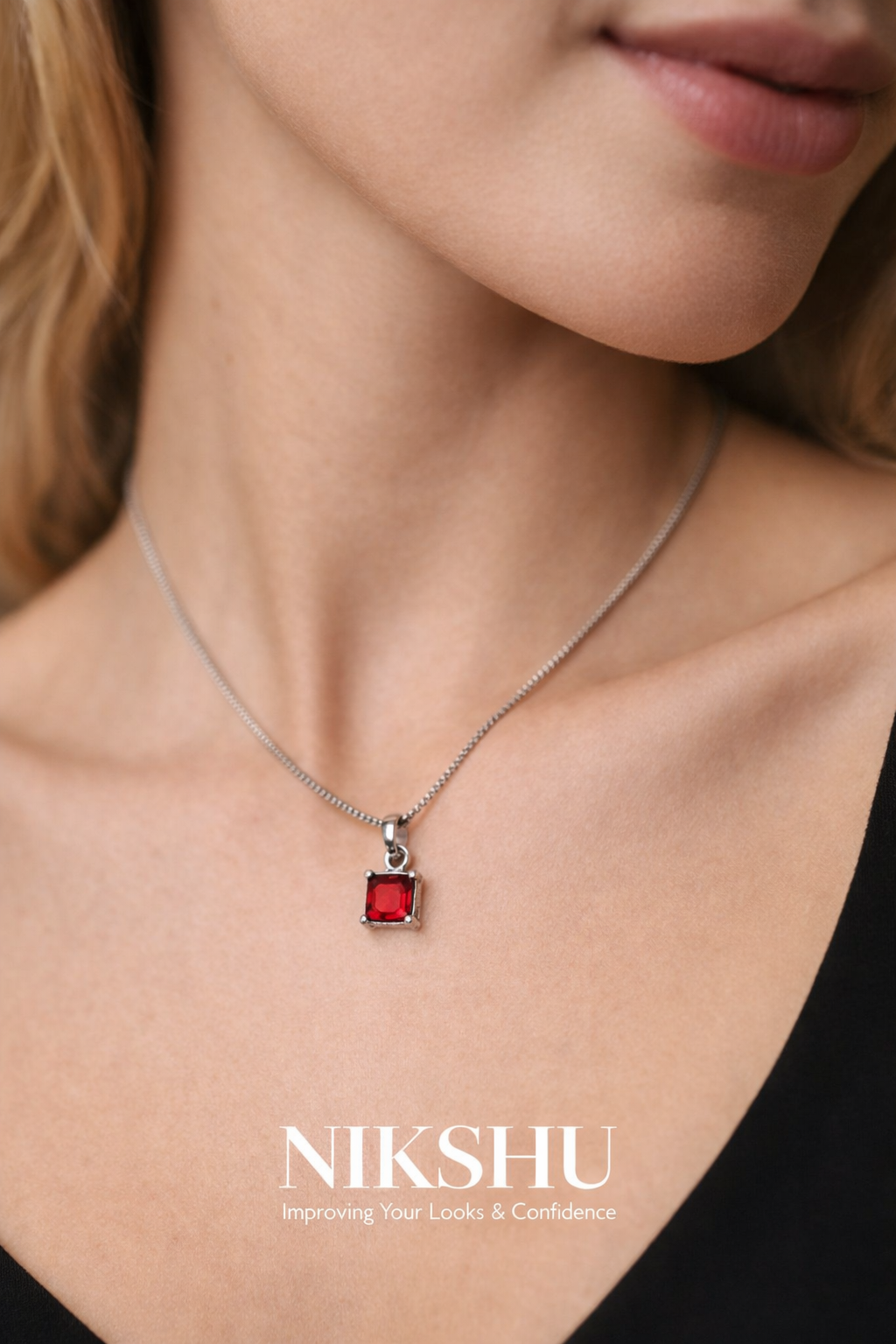 Nikshu Ruby Red Square Solitaire Pendant with Silver Chain