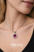 Nikshu Magenta Red Round Crystal Halo Pendant with Silver Chain